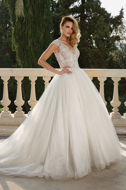 88082 Crepe Alençon Lace Cap Sleeve Ball Gown