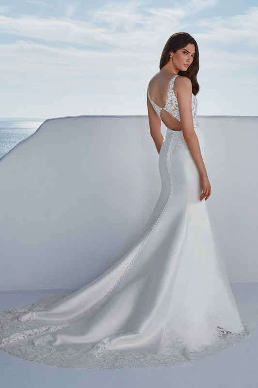 Brady: Fit and Flare Gown with Floral Appliques and Illusion Train