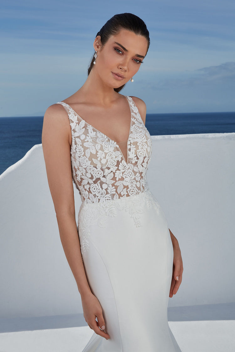 Brady: Fit and Flare Gown with Floral Appliques and Illusion Train